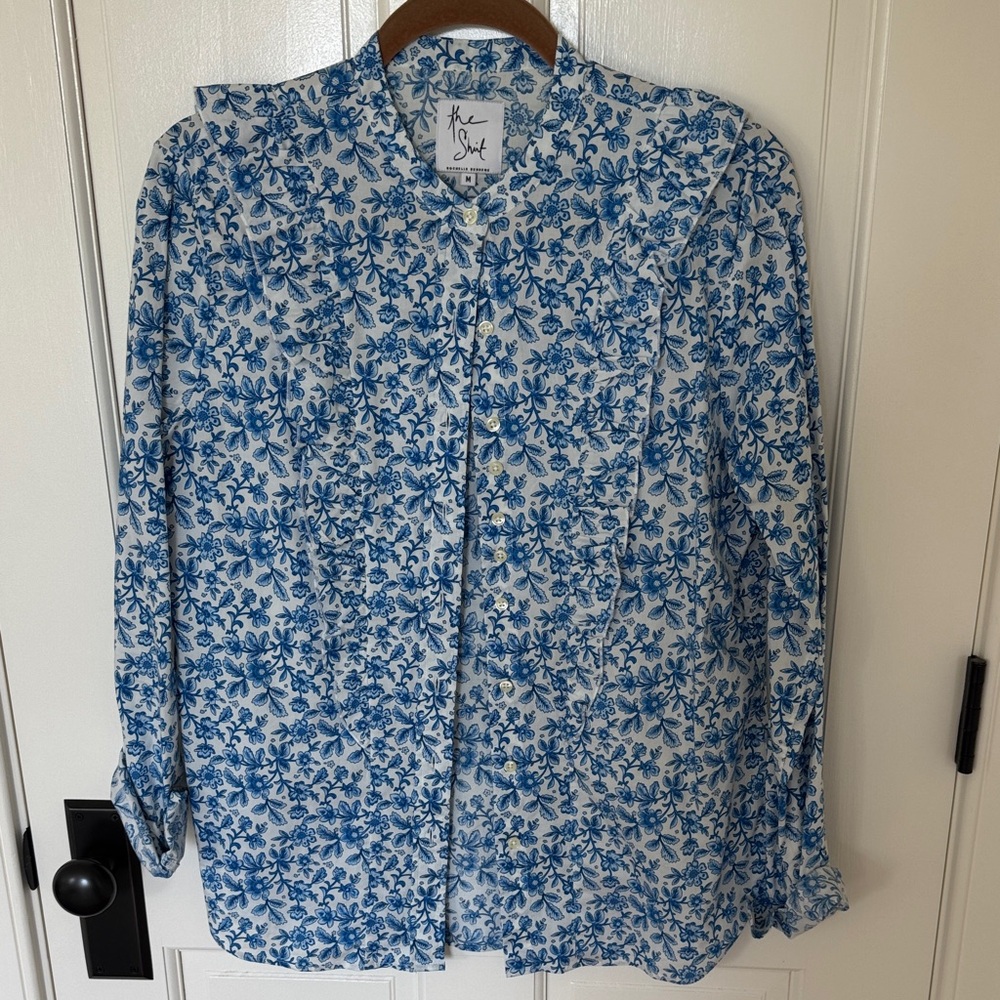 The Shirt by Rochelle Behrens M Blue Floral Ruffle Shirt